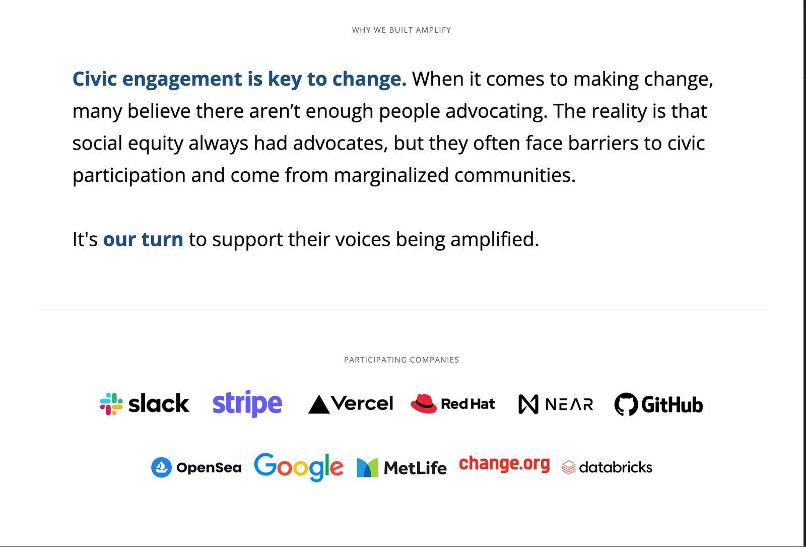 The "Why we built Amplify" page about civic engagement, with logos of participating companies such as Slack, Stripe, Vercel, Red Hat, GitHub, Google, and MetLife