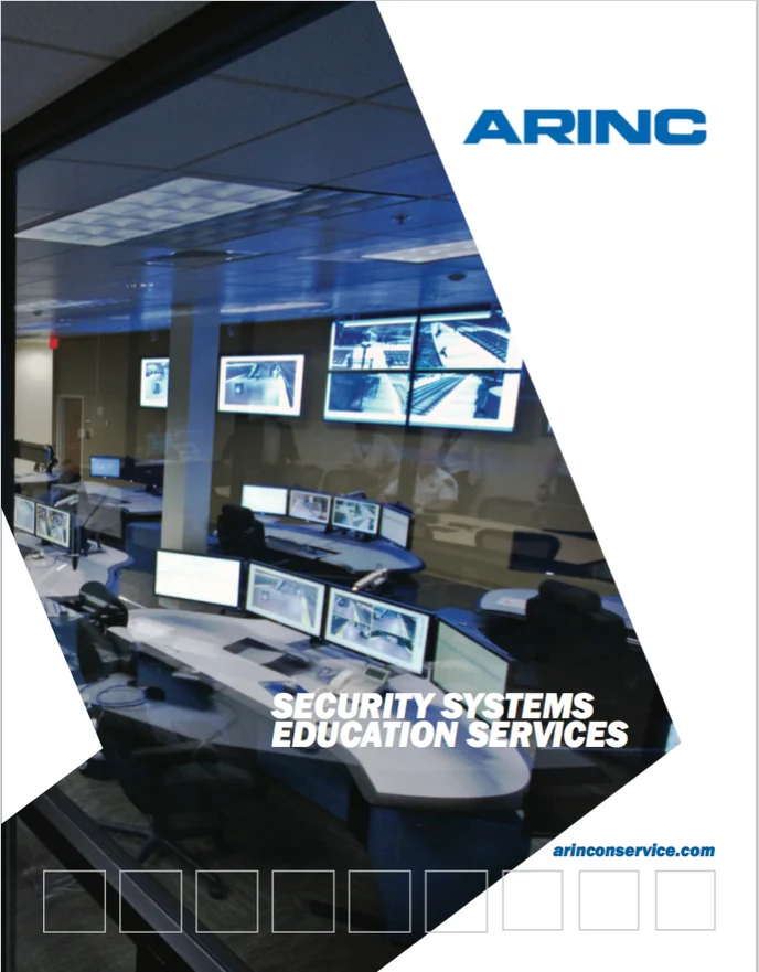 The cover of the ARINC "Security Systems Education Services" brochure, showing a security operations center.