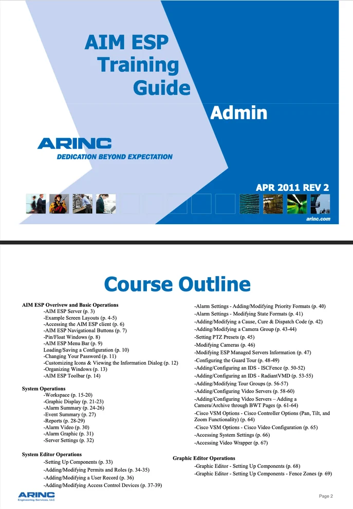 The cover of the "AIM ESP Training Guide: Admin" (April 2011, revision 2) above its course outline