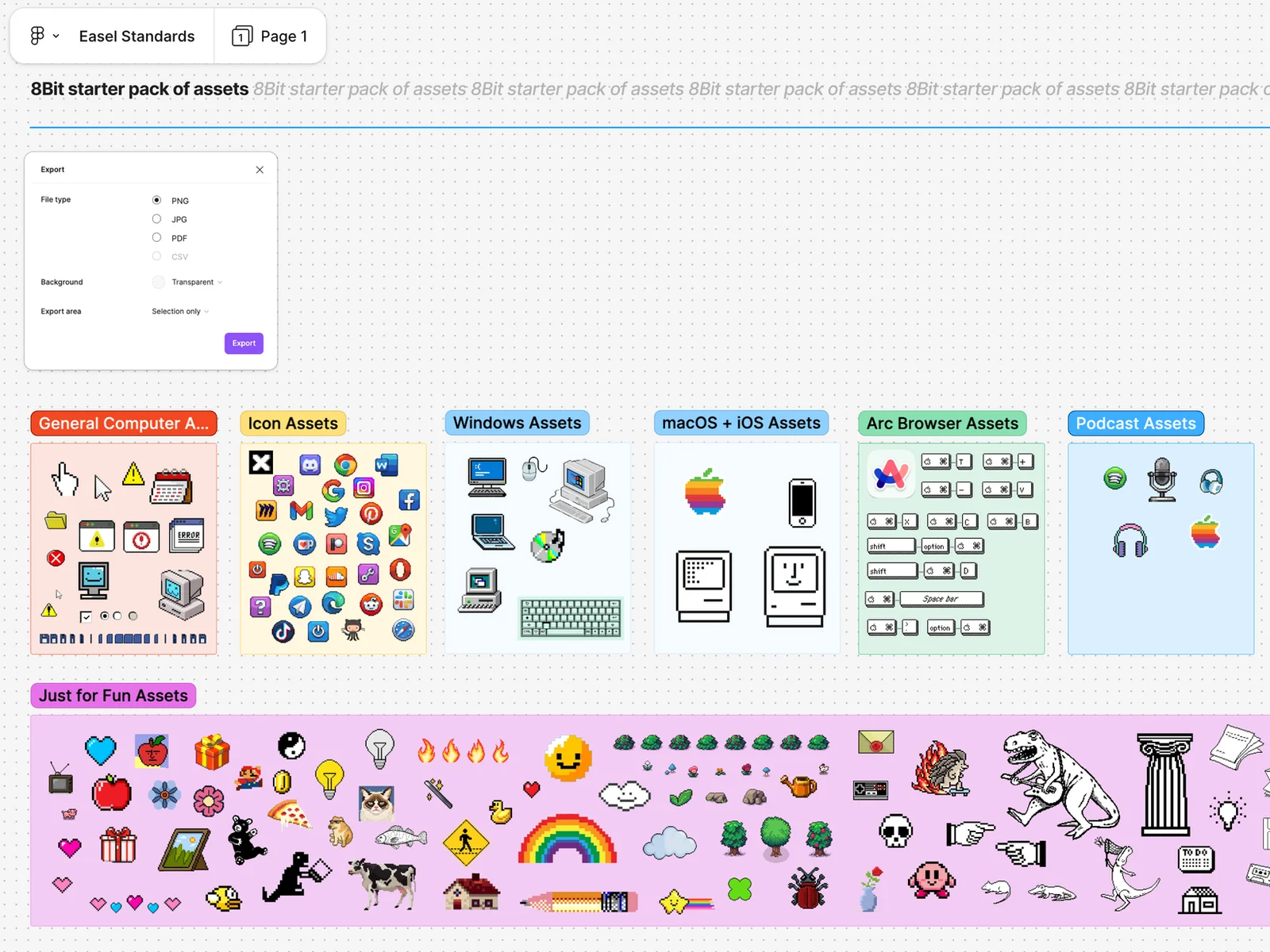 The Easel Standards board: an 8-bit starter pack of assets grouped into general computer, icon, Windows, macOS and iOS, Arc Browser, podcast, and just-for-fun sets
