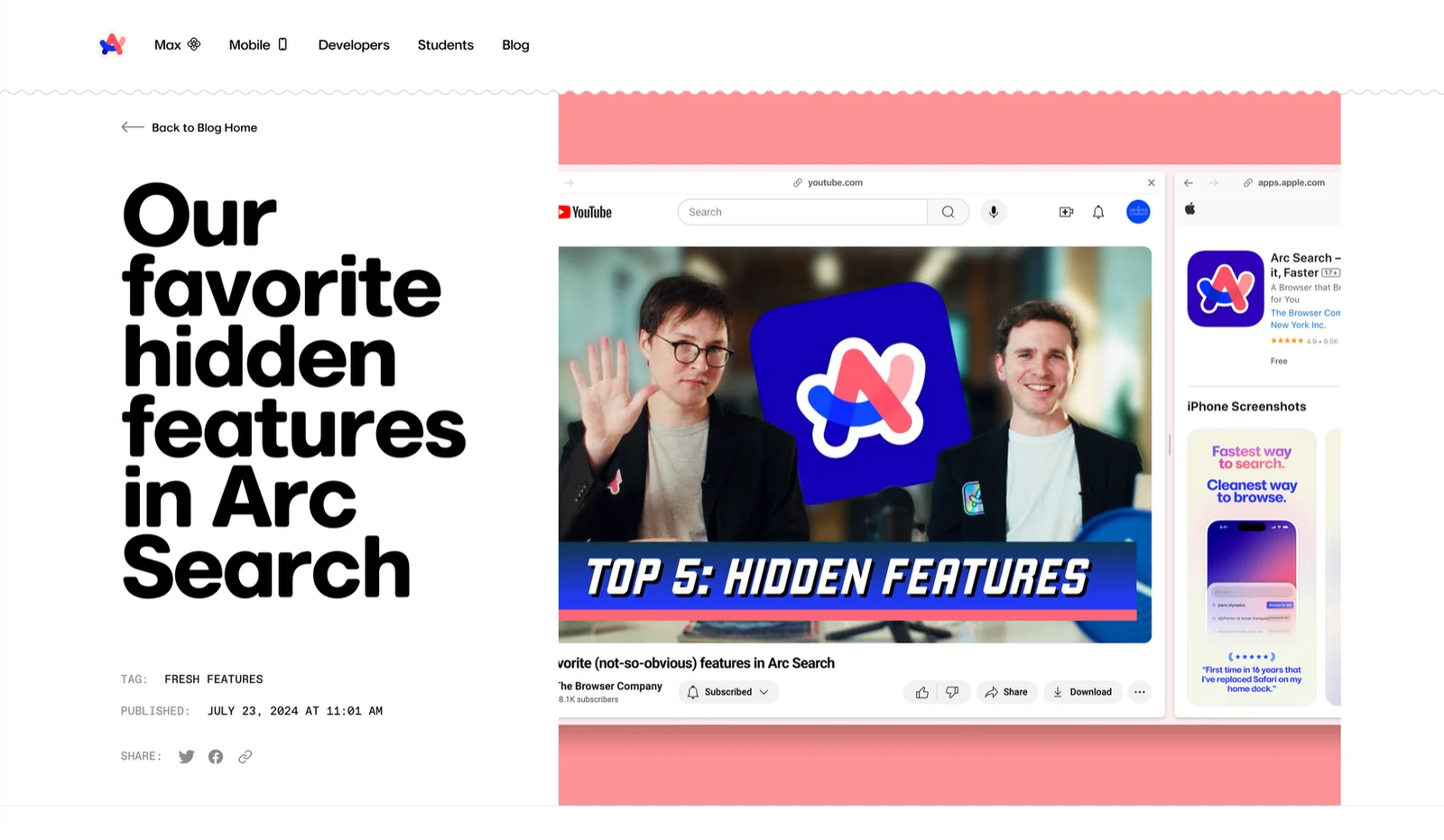 The "Our favorite hidden features in Arc Search" blog post, with a Top 5 hidden features video and App Store screenshots