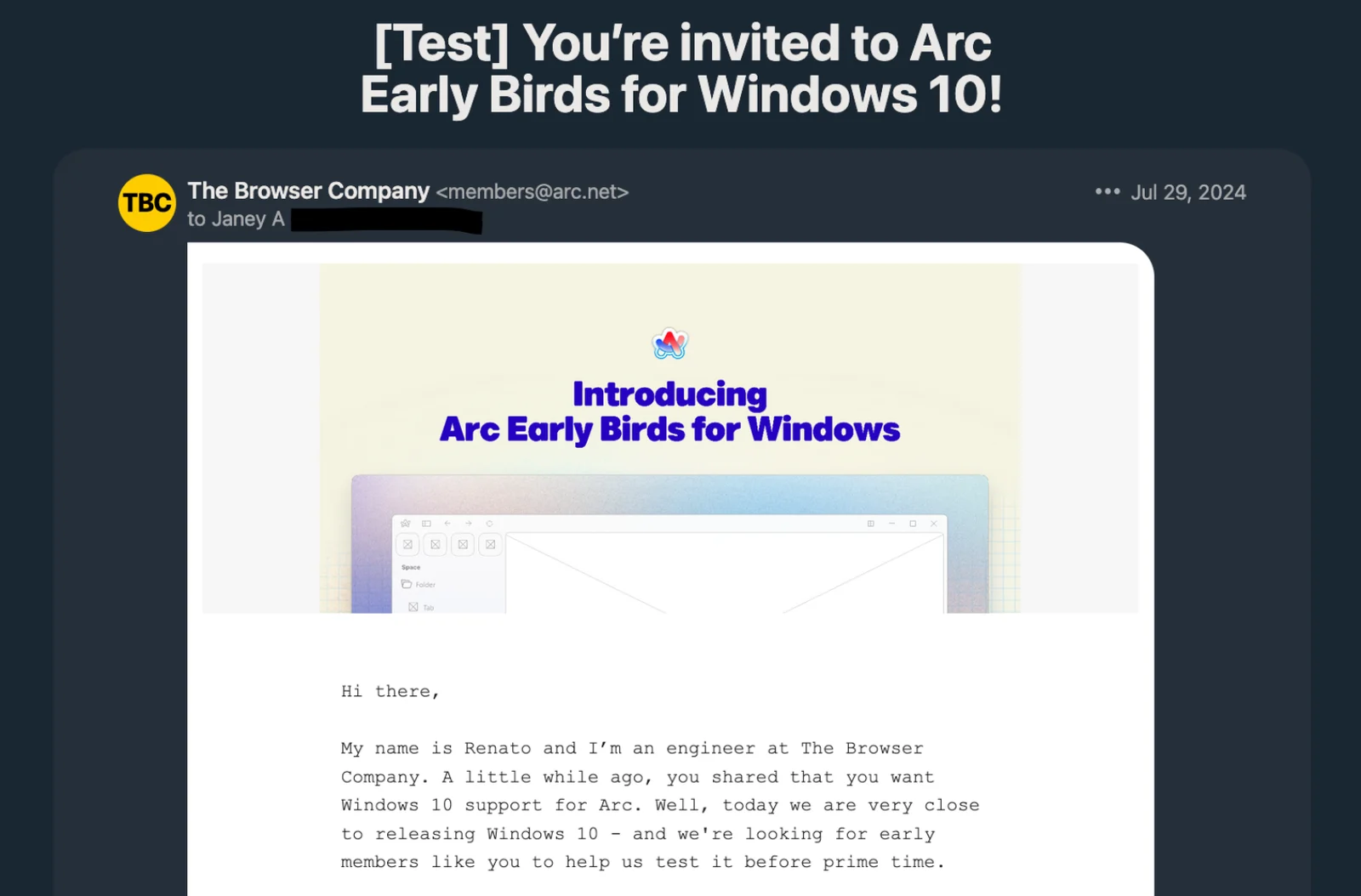 A test send of the "You’re invited to Arc Early Birds for Windows 10" member email from The Browser Company