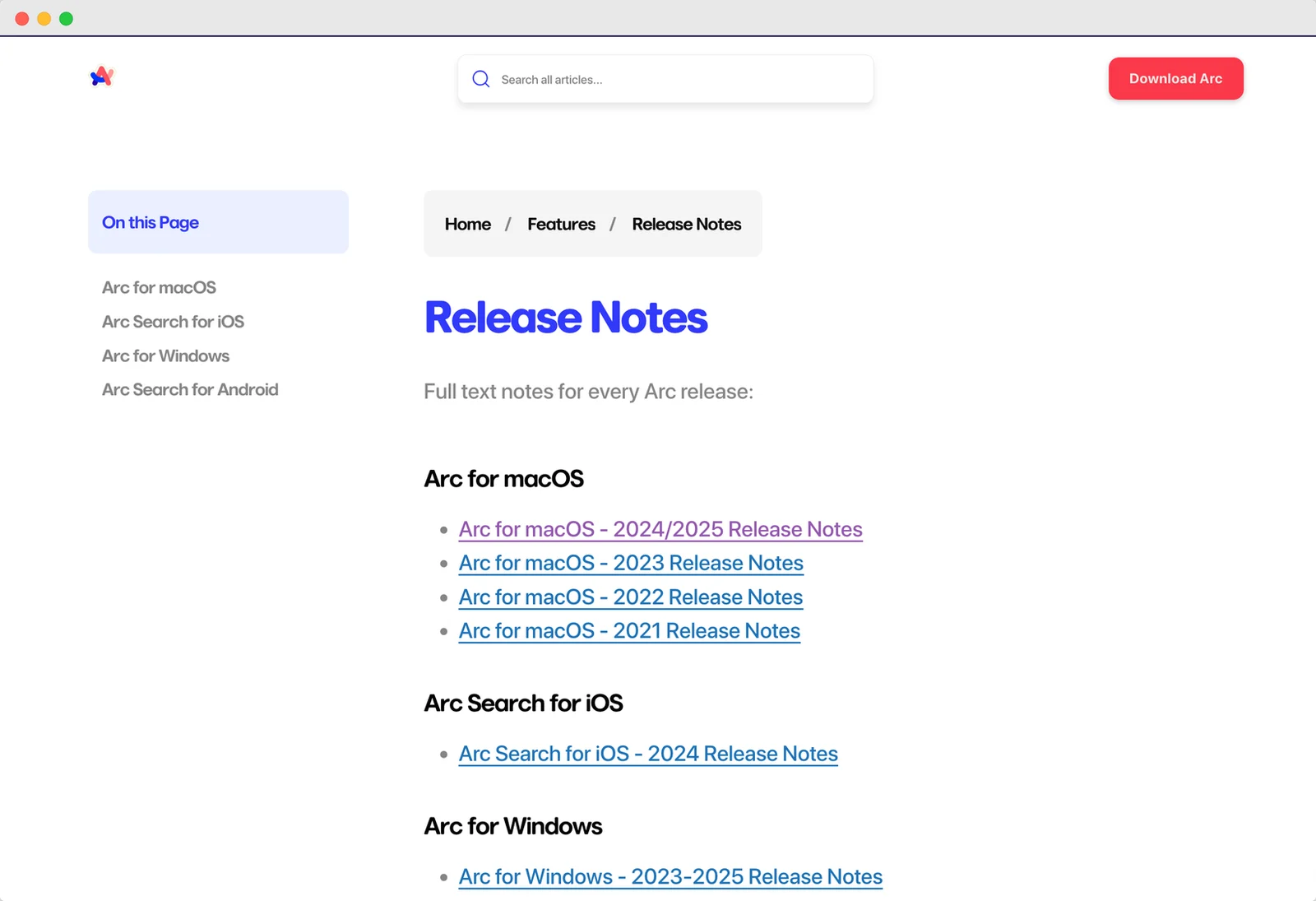 The Arc Release Notes hub, listing release notes by year for Arc for macOS, Arc Search for iOS, and Arc for Windows