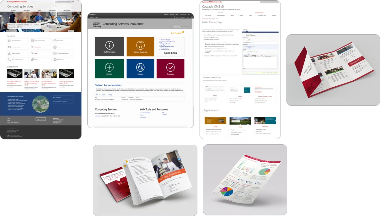 The refreshed Computing Services materials: the website, the InfoCenter, CMS documentation, a services brochure, the 2016 Factbook, and an "At a Glance" infographic.