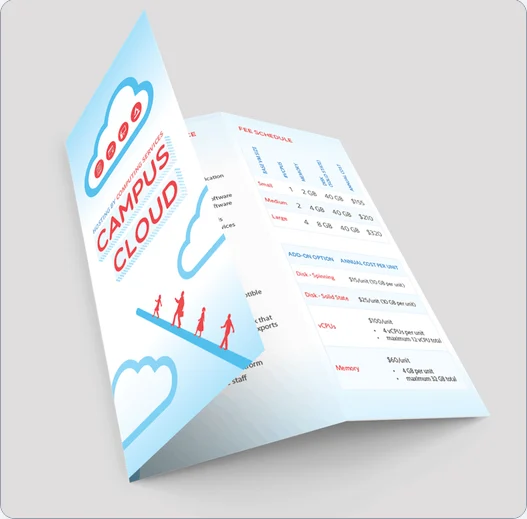 The Campus Cloud brochure, folded open to its fee schedule