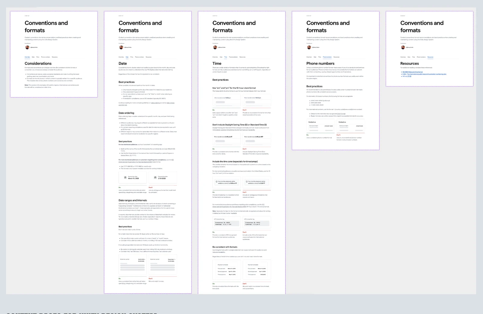 Pages from the Unify Design System's 'Conventions and formats' guidance, covering date and time formats, intervals, and best practices.