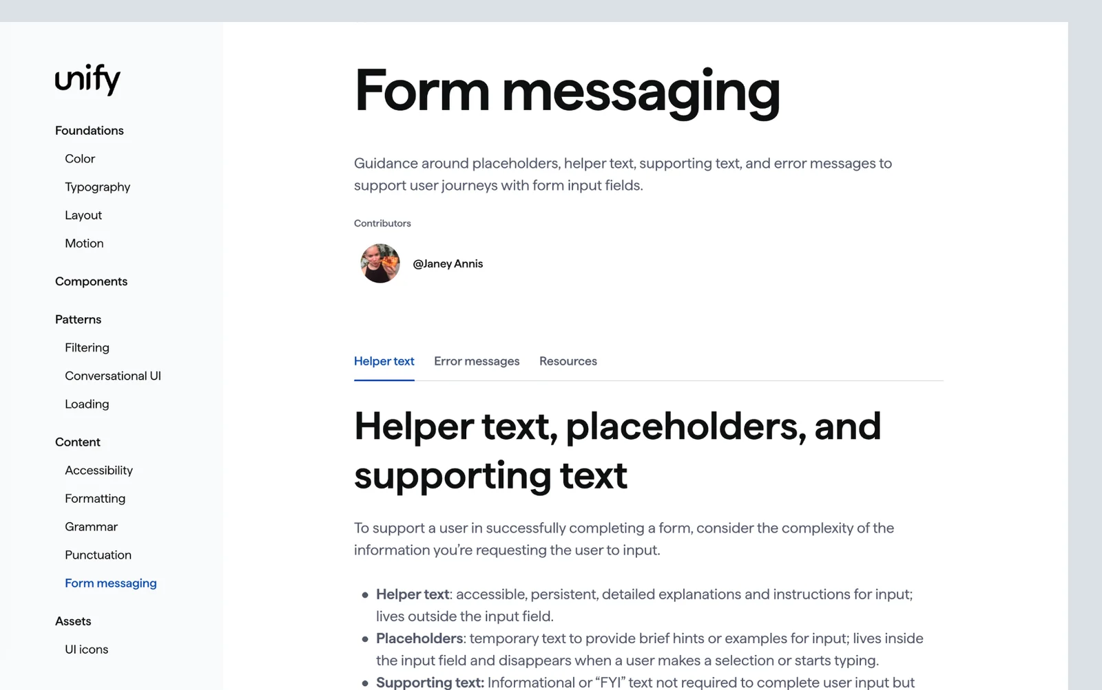 The Unify "Form messaging" page, with tabs for helper text, error messages, and resources, and guidance on helper text, placeholders, and supporting text