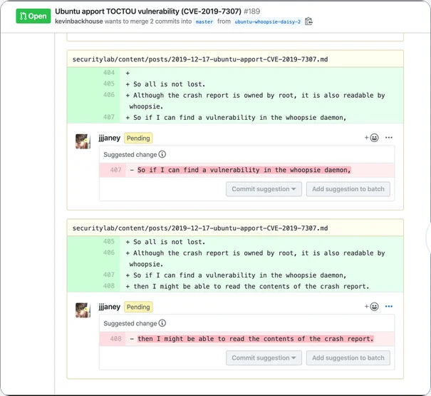 Suggested changes on a Security Lab blog post pull request