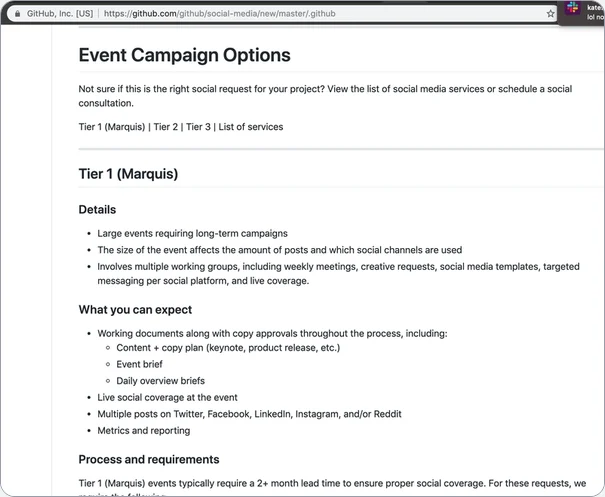 An "Event Campaign Options" page describing Tier 1 social coverage for large events