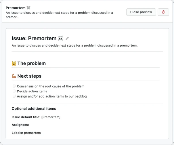 A premortem issue template with sections for the problem and next steps