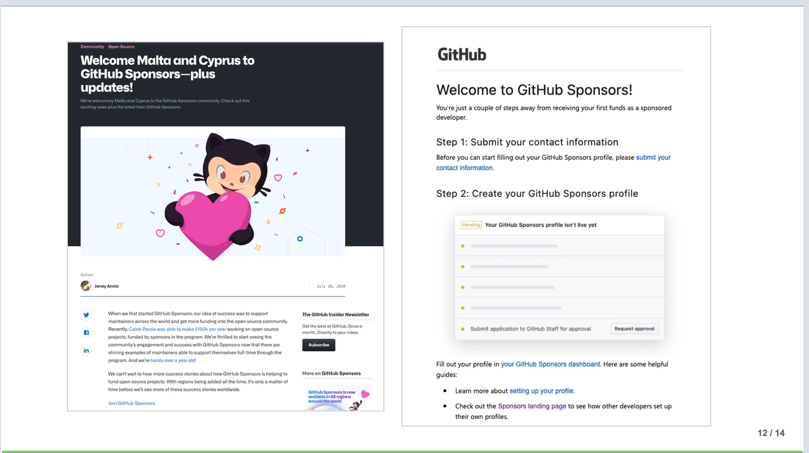 The "Welcome Malta and Cyprus to GitHub Sponsors" blog post next to the "Welcome to GitHub Sponsors" email