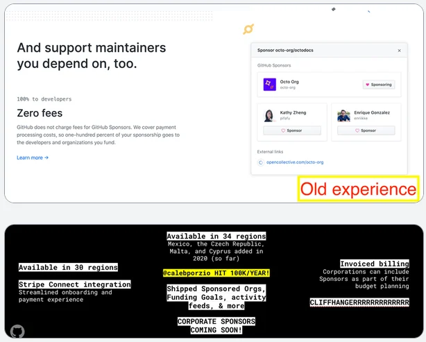 The old Sponsors experience, next to launch messaging such as "Available in 38 regions"