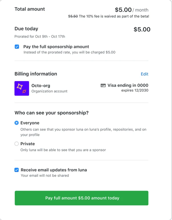 An organization’s sponsorship checkout with a prorated amount, billing information, and visibility options