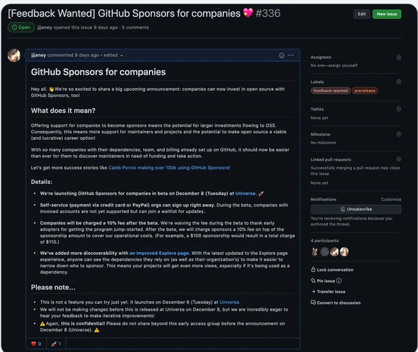 A "[Feedback Wanted] GitHub Sponsors for companies" issue