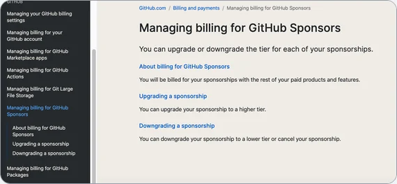 The "Managing billing for GitHub Sponsors" documentation page