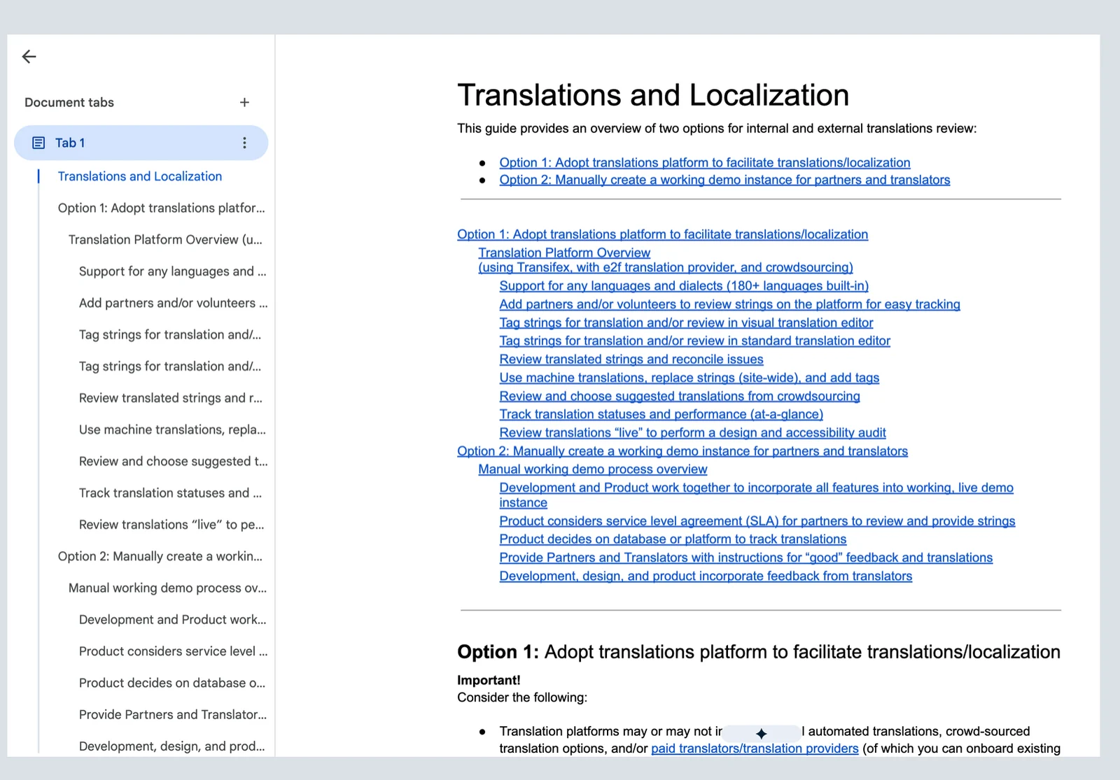 The "Translations and Localization" guide, outlining two options: adopting a translations platform or creating a working demo instance