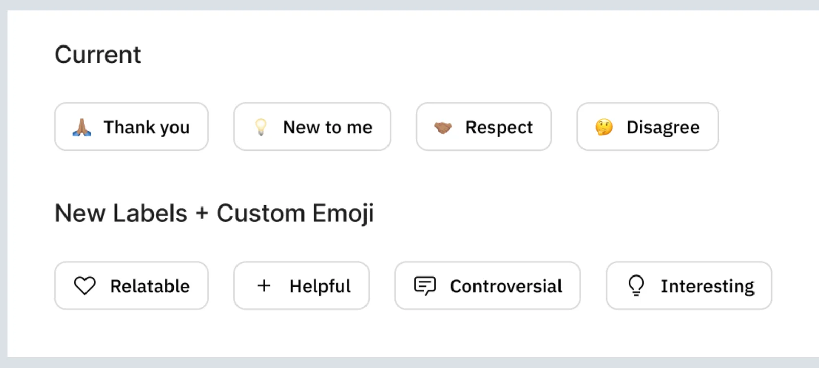 Current reaction labels (Thank you, New to me, Respect, Disagree) above the proposed ones (Relatable, Helpful, Controversial, Interesting)